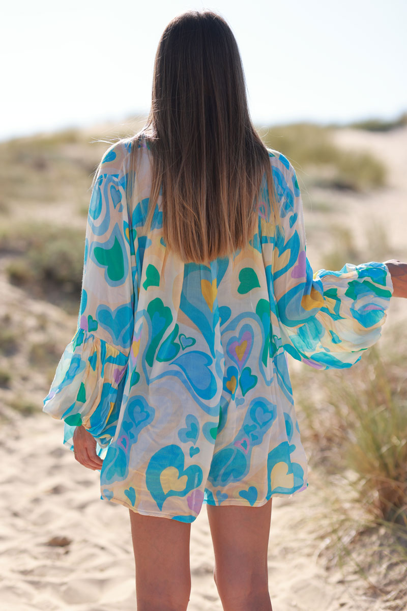 Tunique fluide manches bouffantes imprimé cœurs seventies bleu