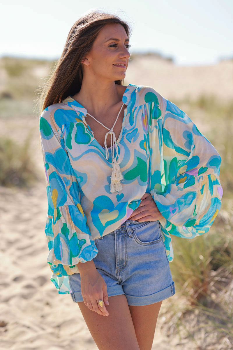 Tunique fluide manches bouffantes imprimé cœurs seventies bleu
