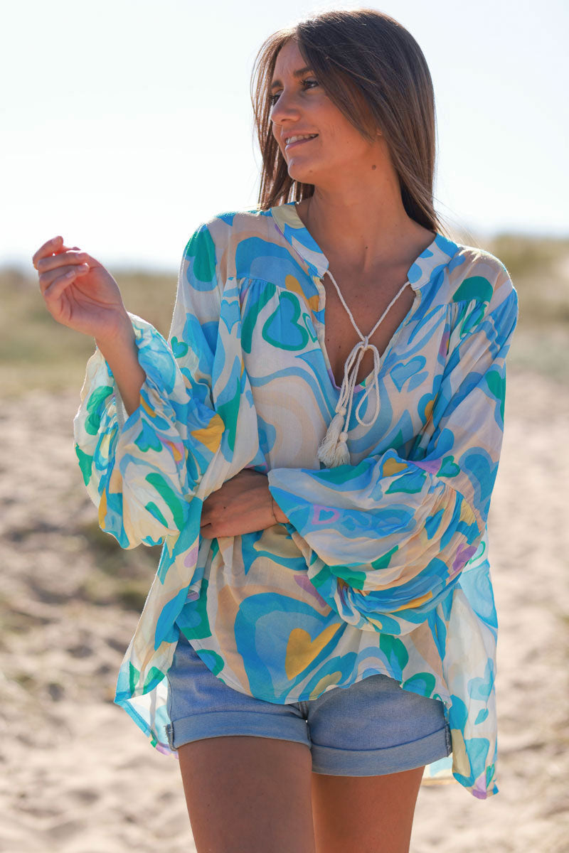 Tunique fluide manches bouffantes imprimé cœurs seventies bleu