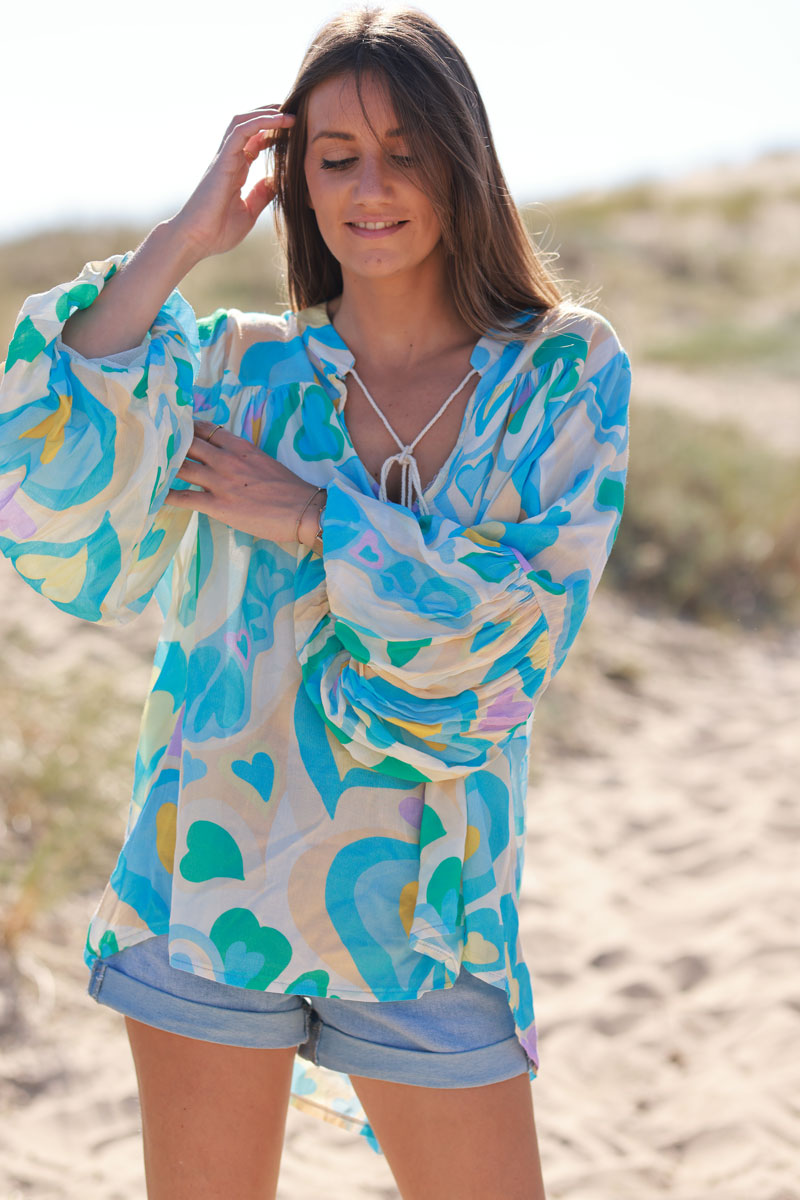 Tunique fluide manches bouffantes imprimé cœurs seventies bleu