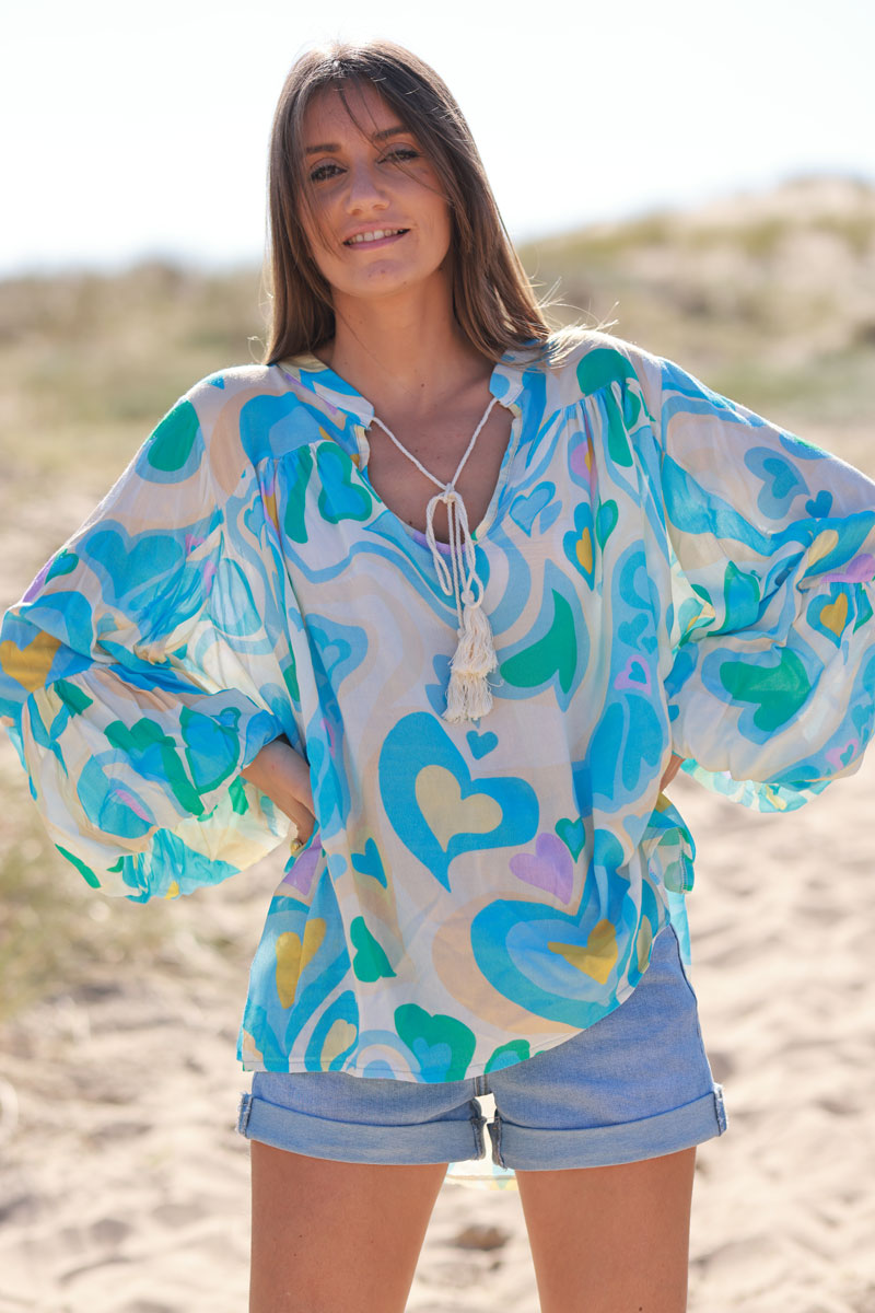 Tunique fluide manches bouffantes imprimé cœurs seventies bleu