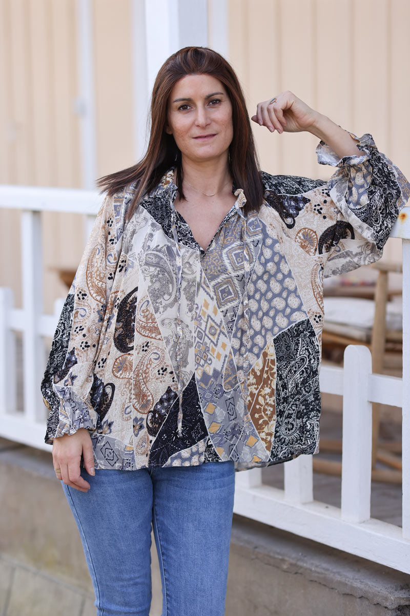 Black paisley print blouse with elasticated frill collar