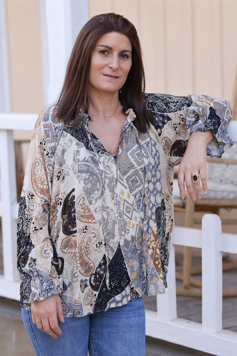 Black paisley print blouse with elasticated frill collar