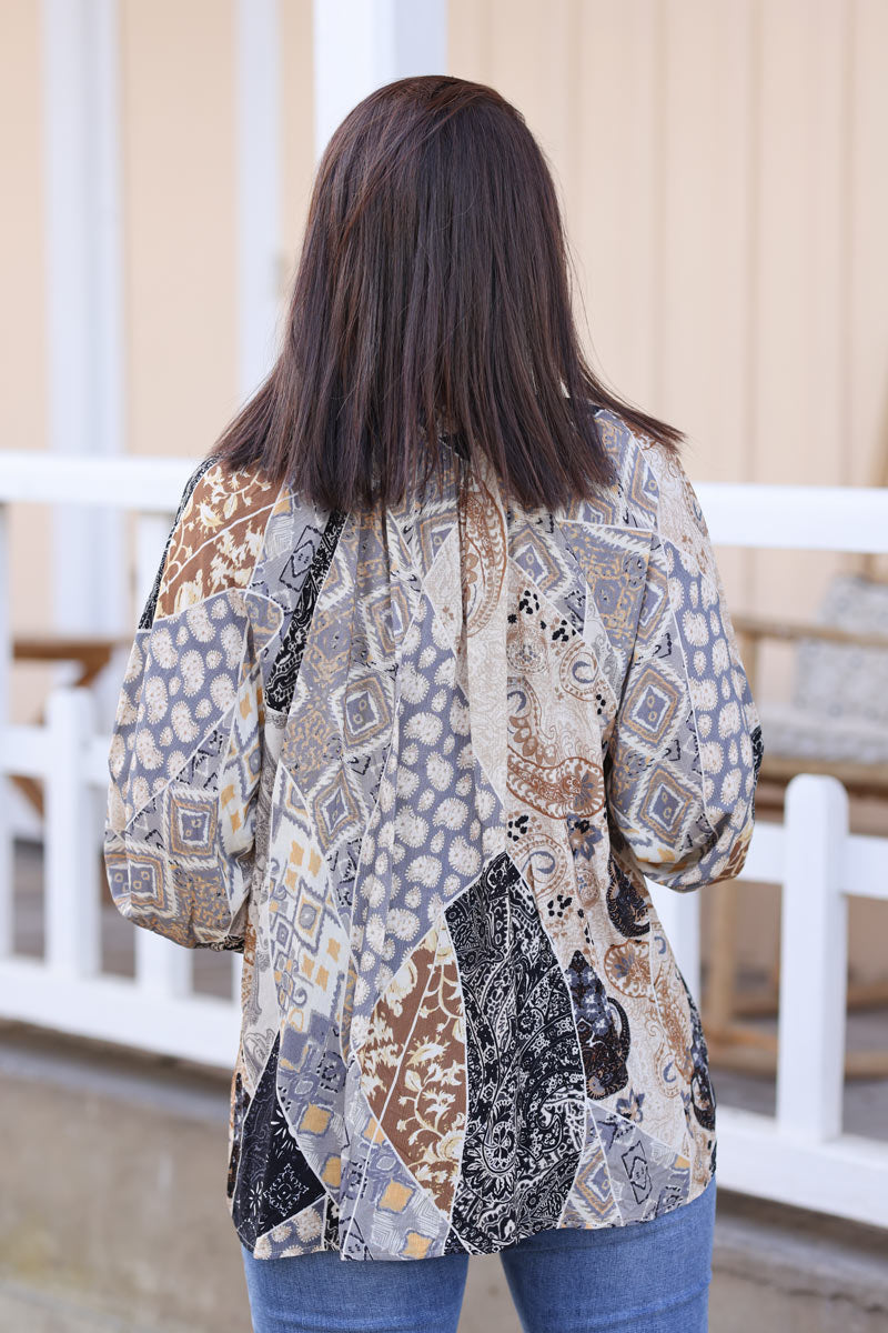 Black paisley print blouse with elasticated frill collar