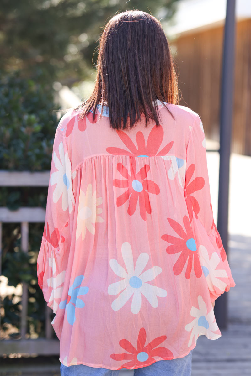 Floaty semi-sheer tunic blouse with pink daisy floral print