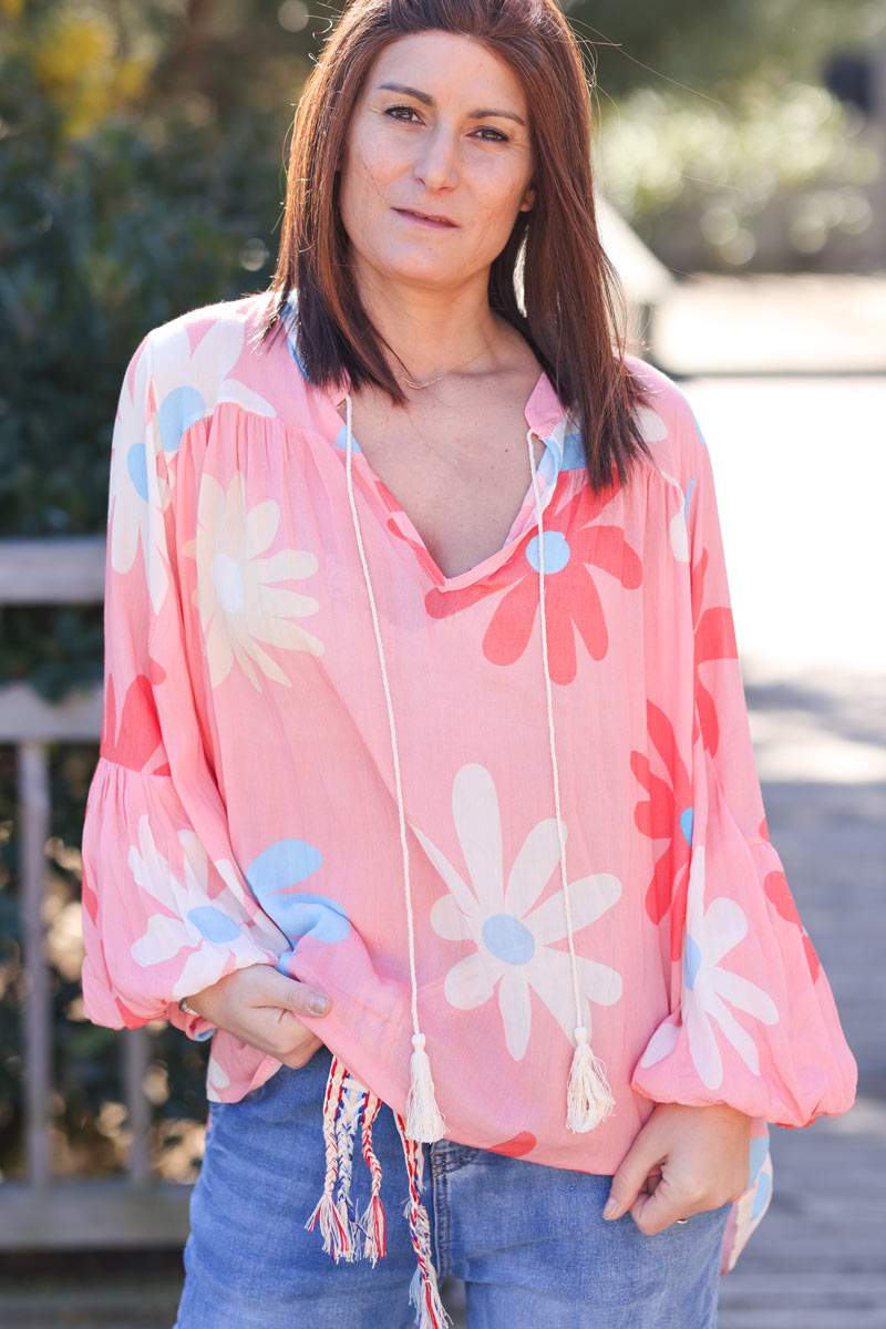 Floaty semi-sheer tunic blouse with pink daisy floral print