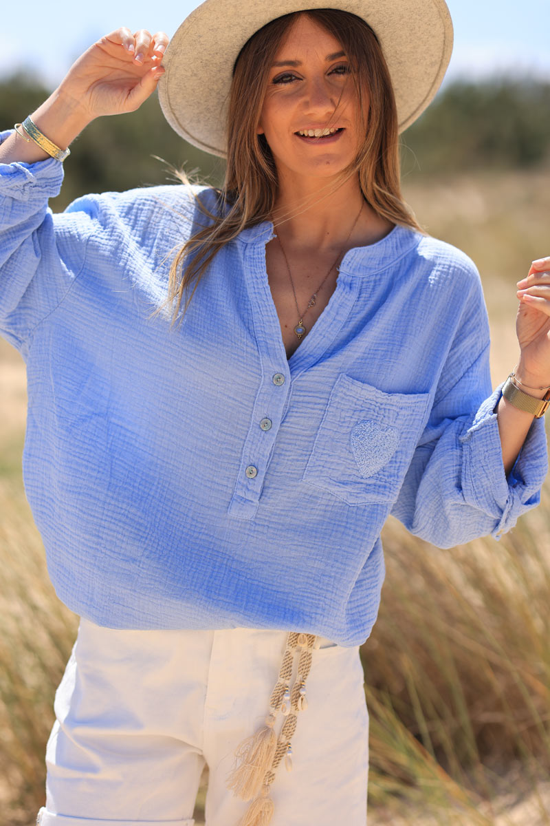 Sky blue crinkle gauze cotton tunic with heart detail