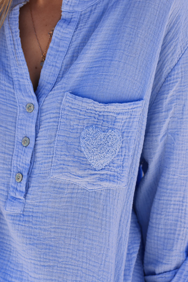 Sky blue crinkle gauze cotton tunic with heart detail