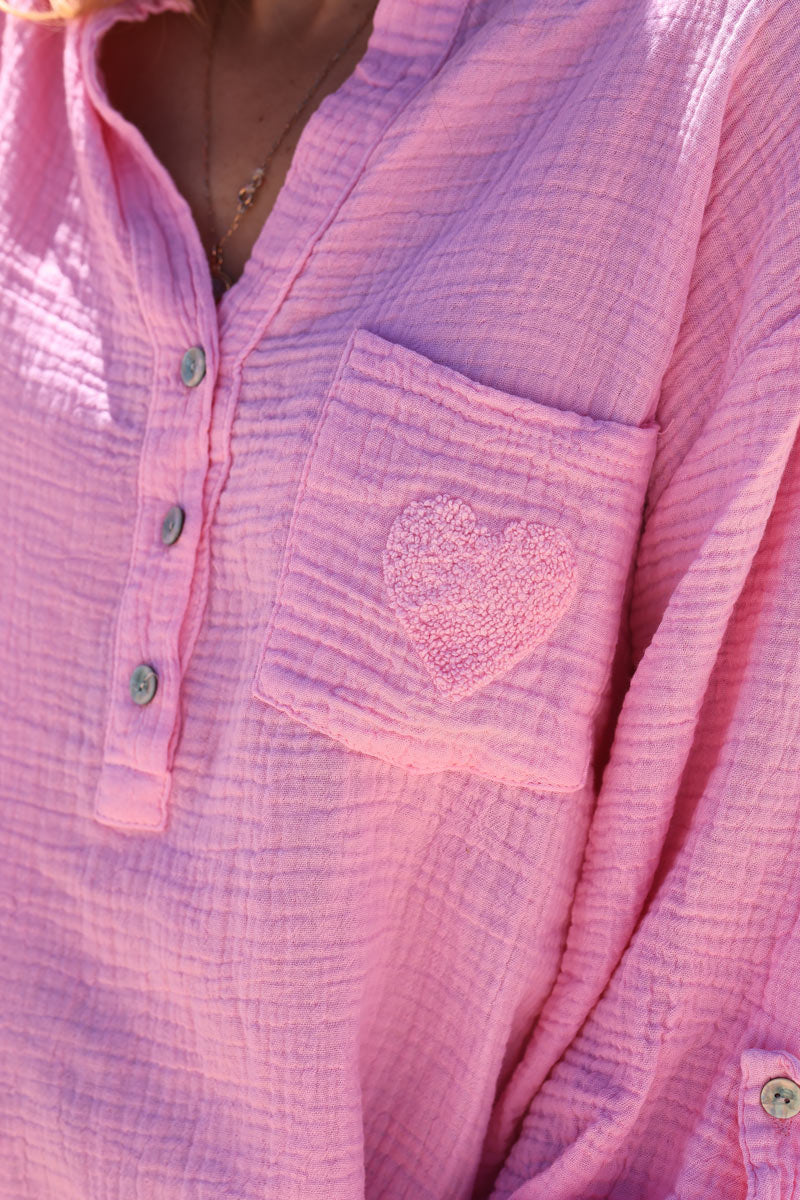 Pink crinkle gauze cotton tunic with heart detail