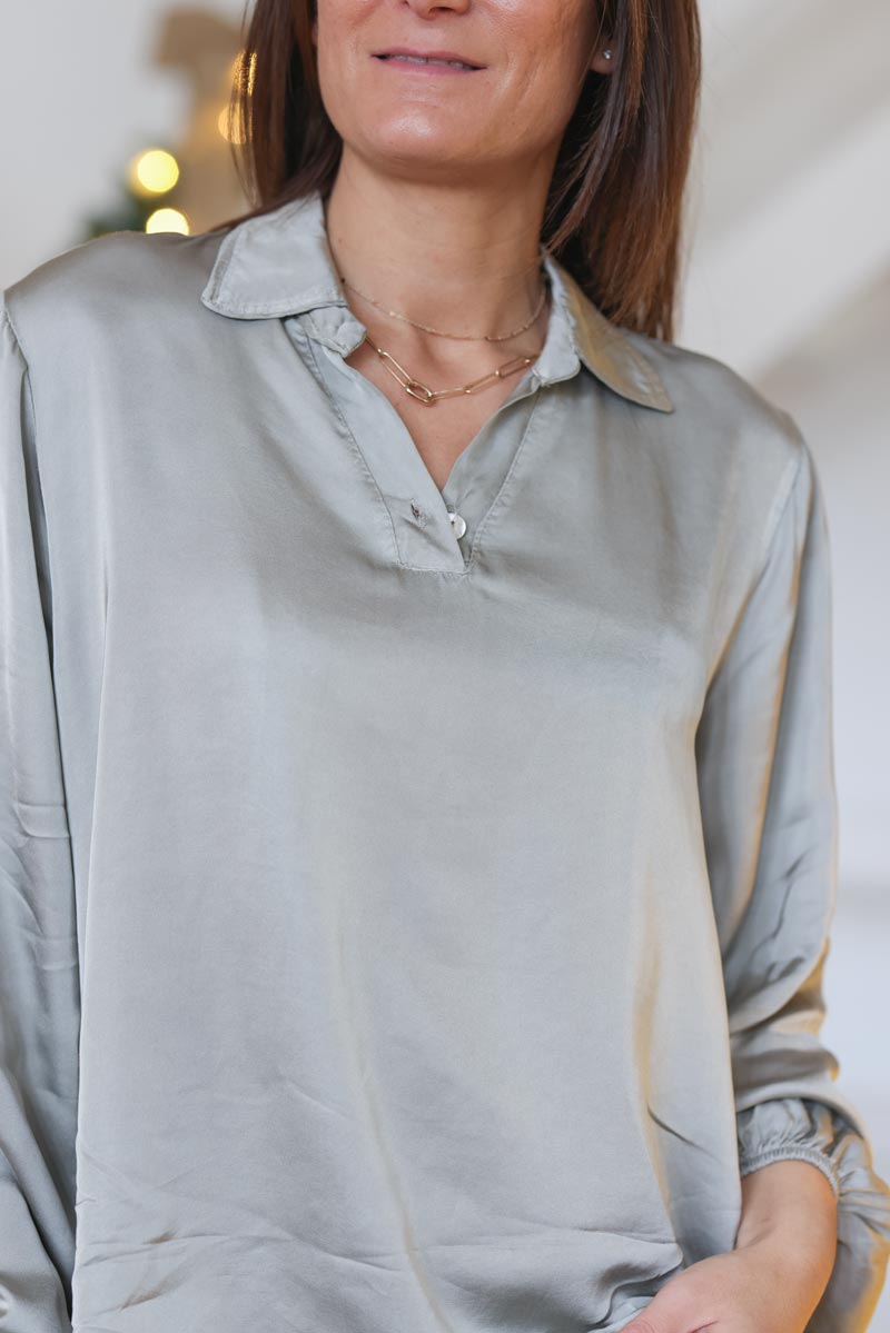 Tunique gris taupe satine effet soie col chemise boutonne e417 (1)