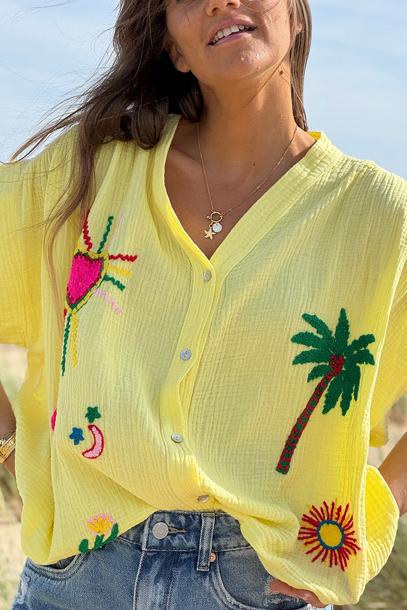 Yellow Embroidered Gauze Button-Down Blouse