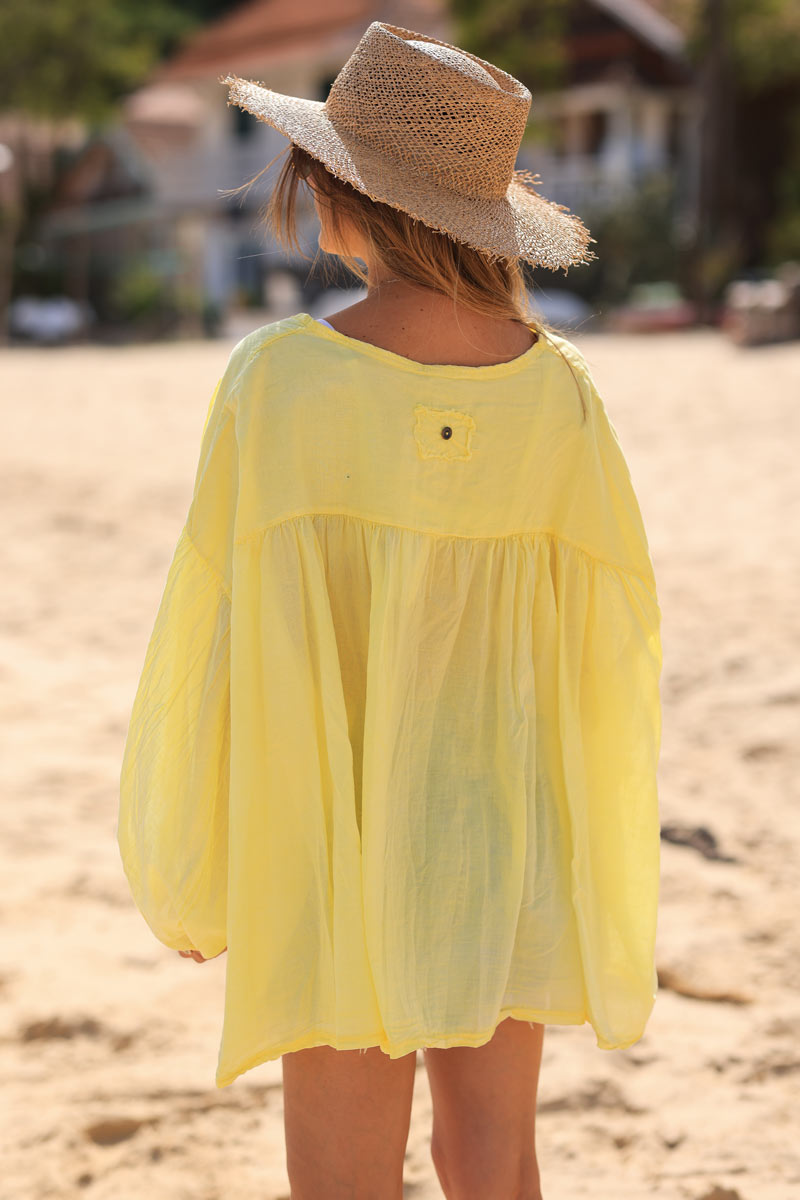 Yellow oversized cotton v-neck blouse with embroidery detail