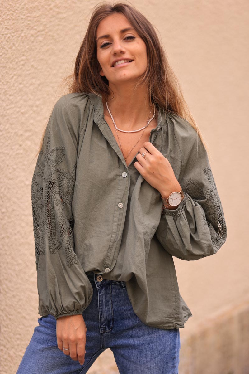 Khaki blouse with open crochet sleeves