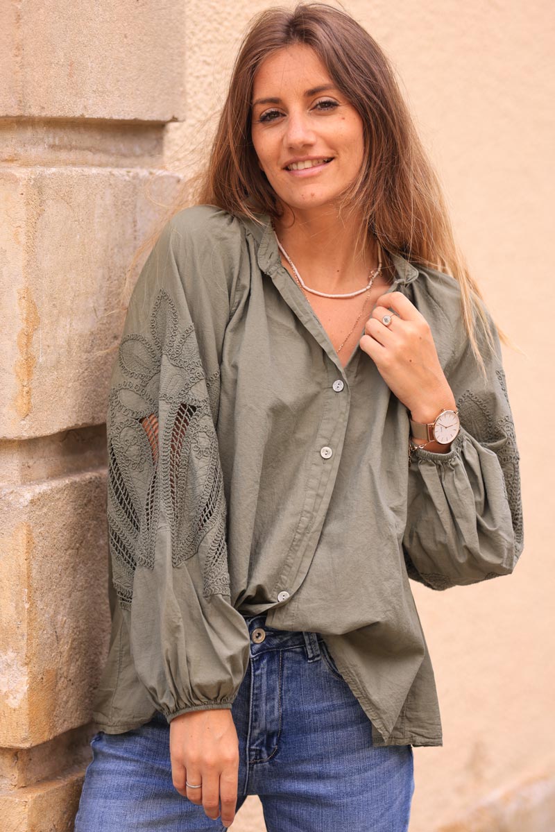 Khaki blouse with open crochet sleeves