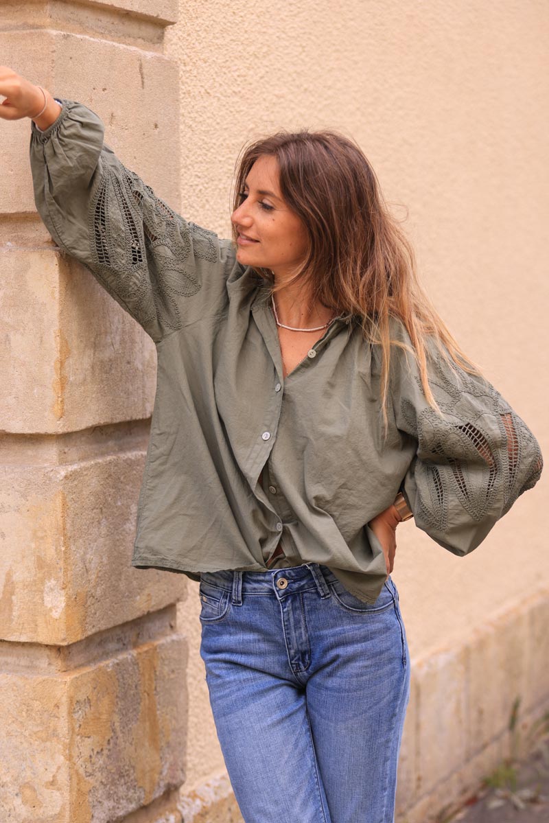 Khaki blouse with open crochet sleeves