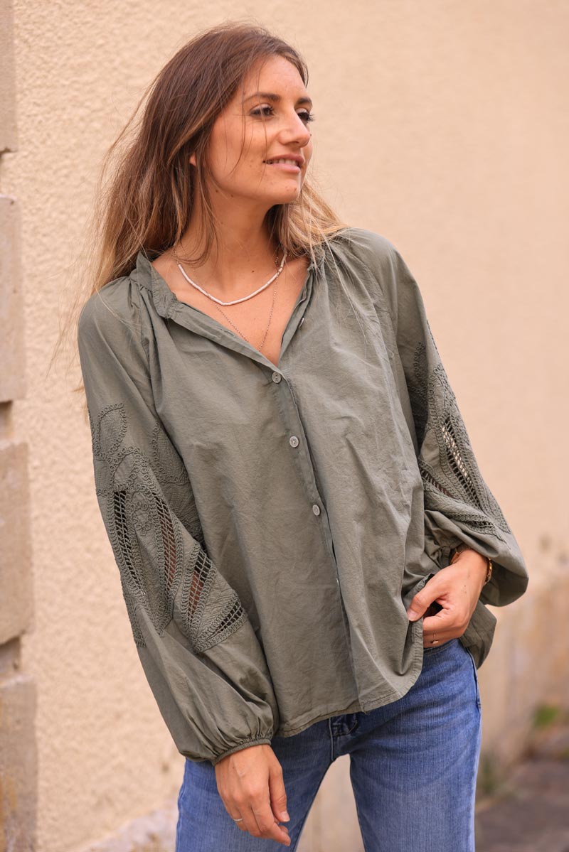 Olive Lotus Sleeve Poplin Blouse