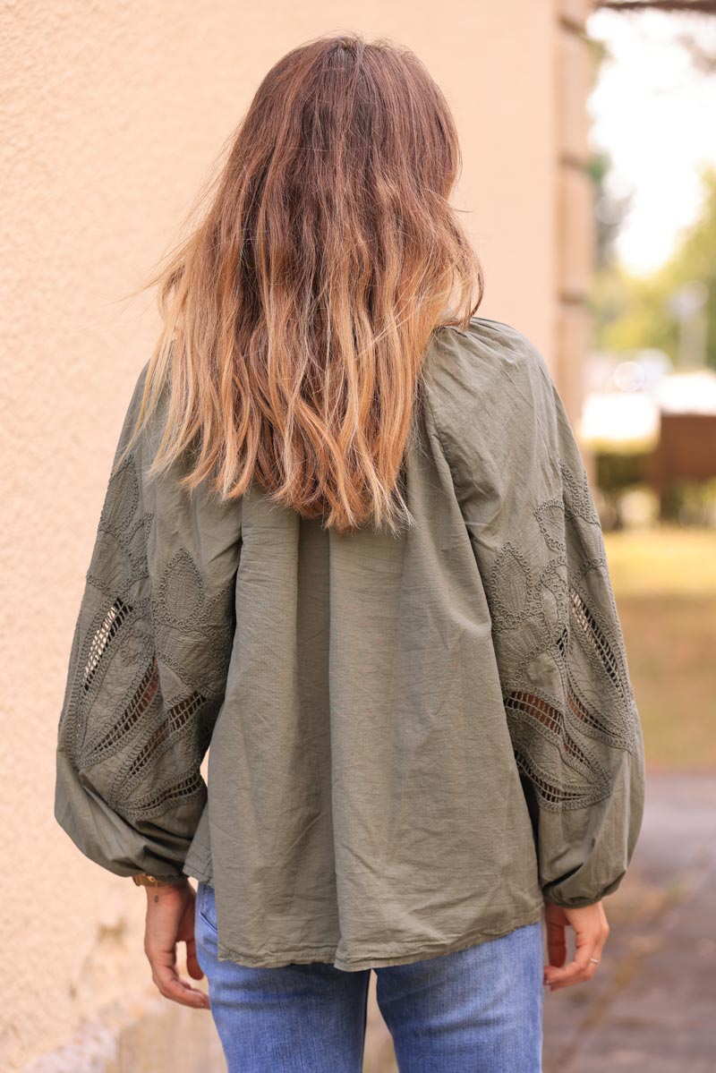 Khaki blouse with open crochet sleeves