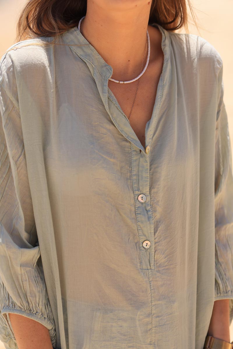 Khaki lightweight cotton blouse with mother of pearl button collar