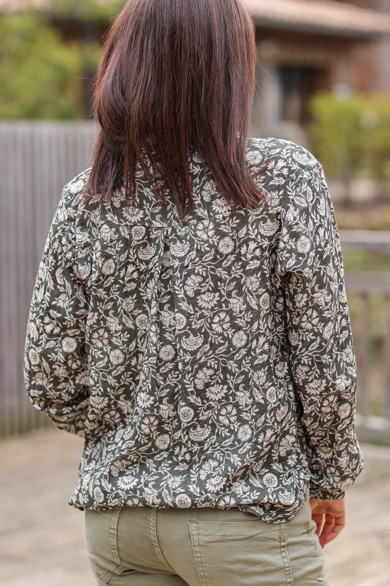 Khaki semi sheer cotton shirt with a arabic floral print