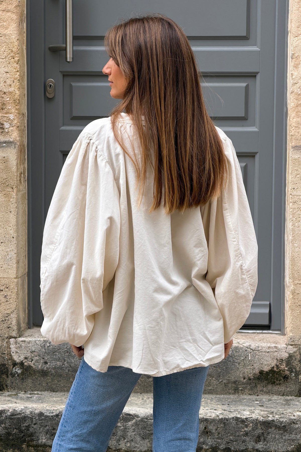 Beige Corduroy Peasant Blouse