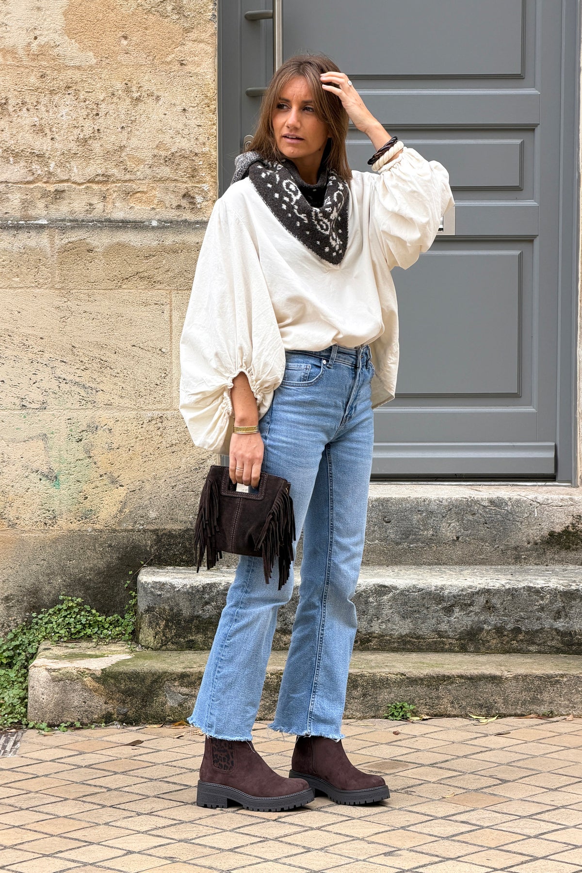 Beige Corduroy Peasant Blouse