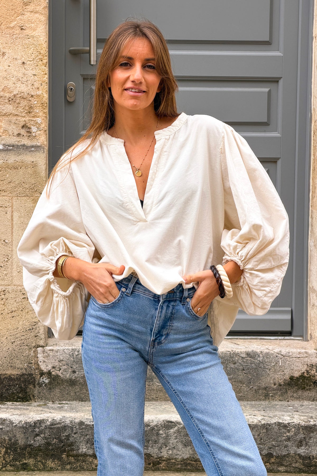 Beige Corduroy Peasant Blouse