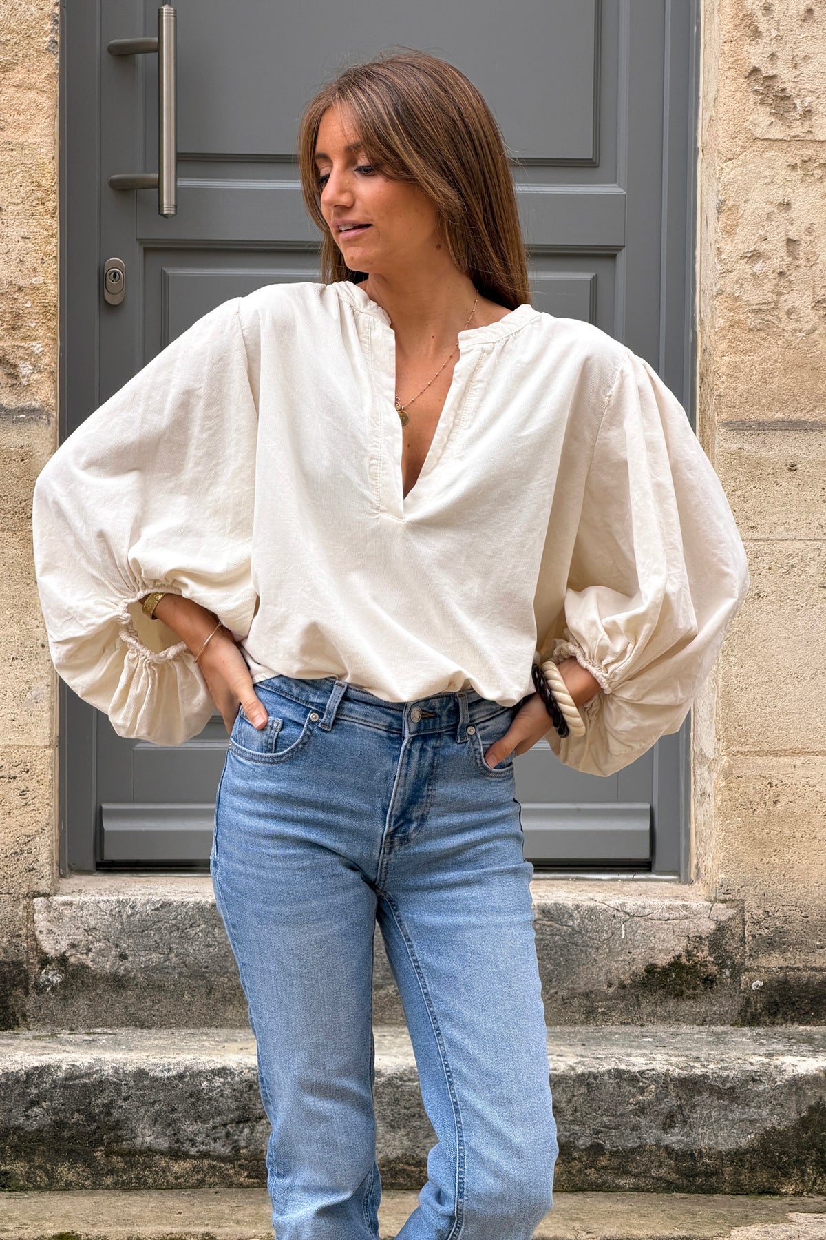 Beige Corduroy Peasant Blouse