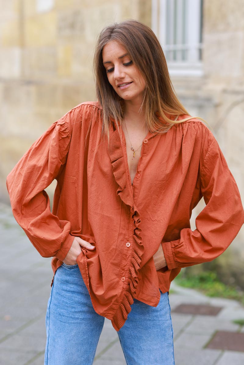 Brick color Cotton Tunic Blouse with Frills