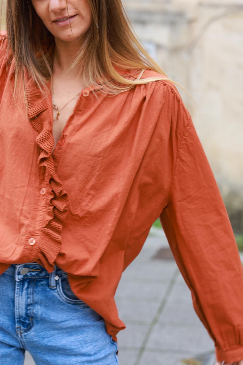 Brick color Cotton Tunic Blouse with Frills