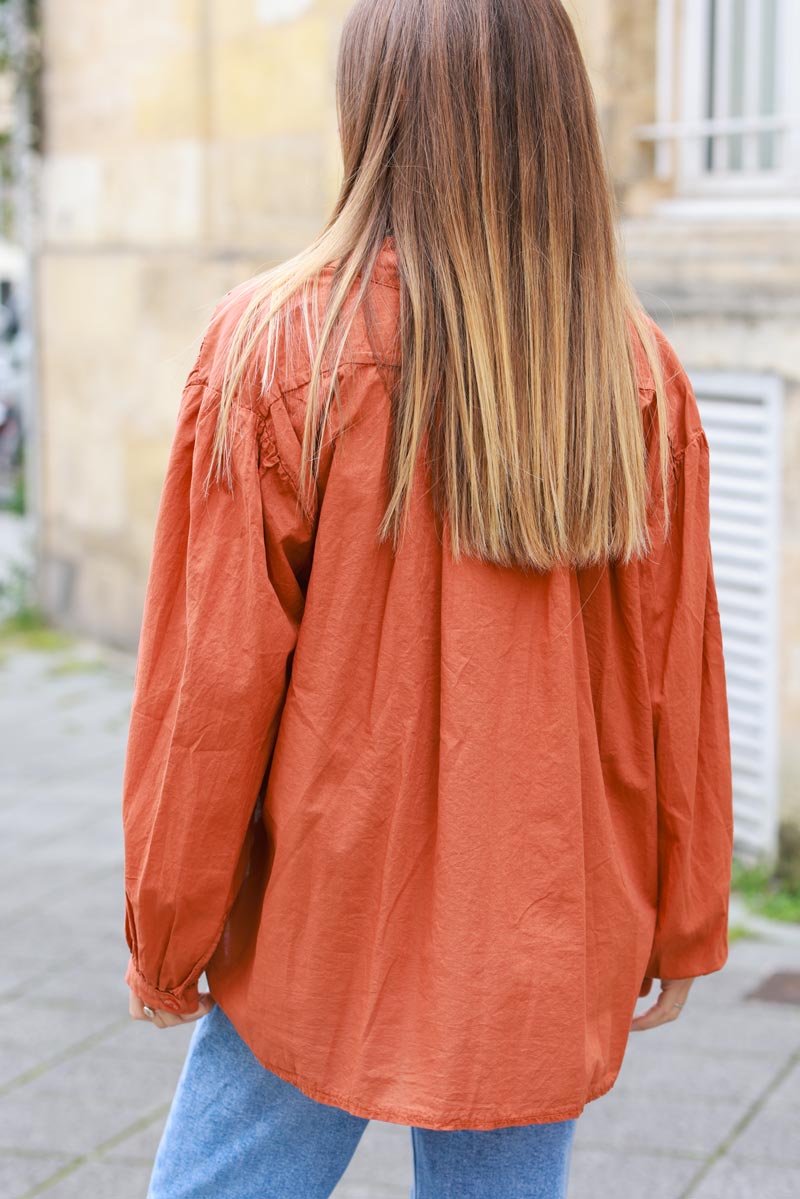 Brick color Cotton Tunic Blouse with Frills