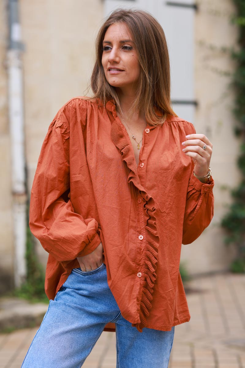 Brick color Cotton Tunic Blouse with Frills