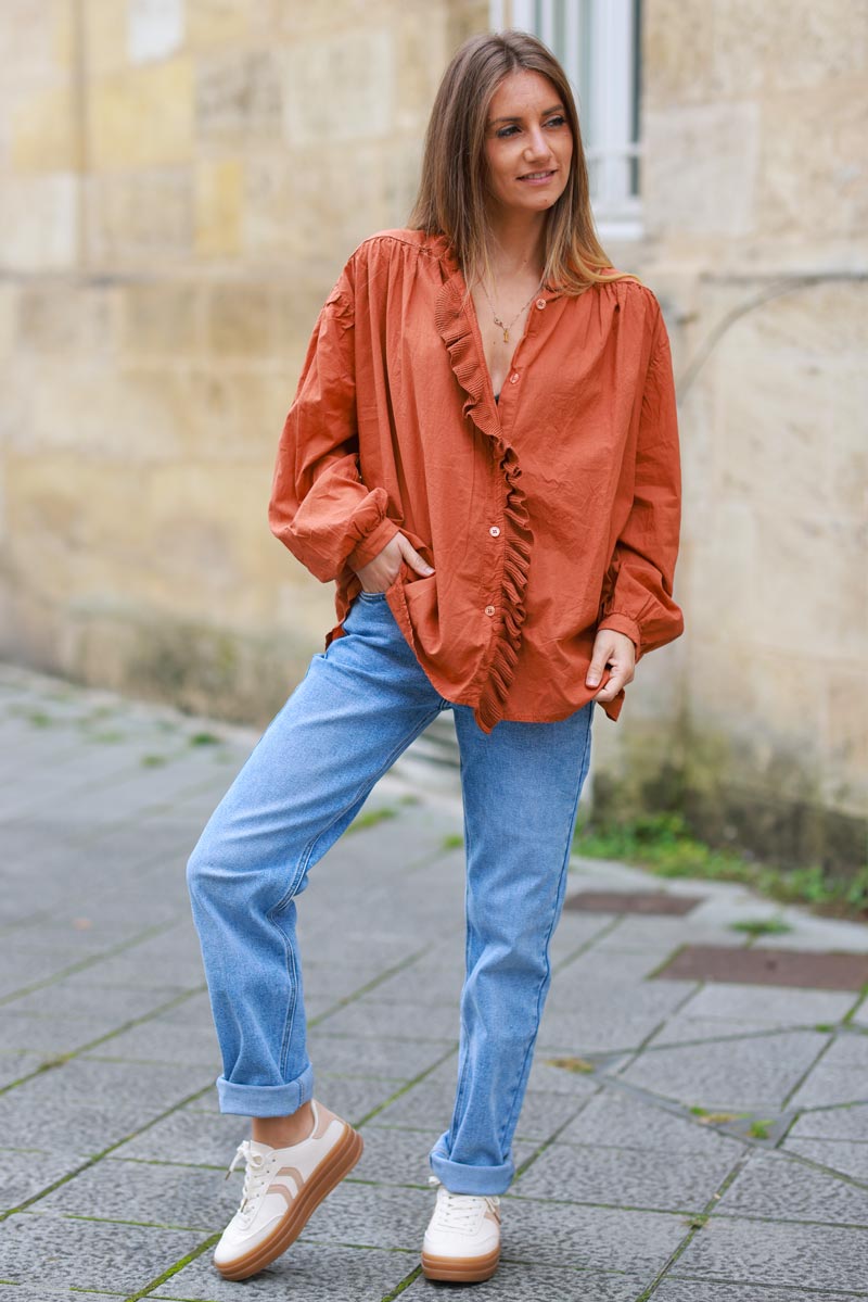 Brick color Cotton Tunic Blouse with Frills