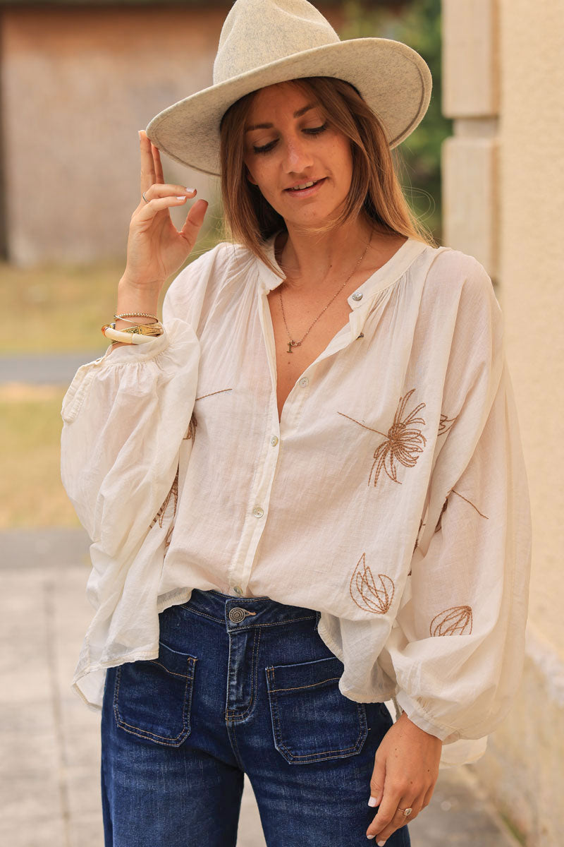 Ecru oversized lightweight cotton blouse with palm tree embroidery