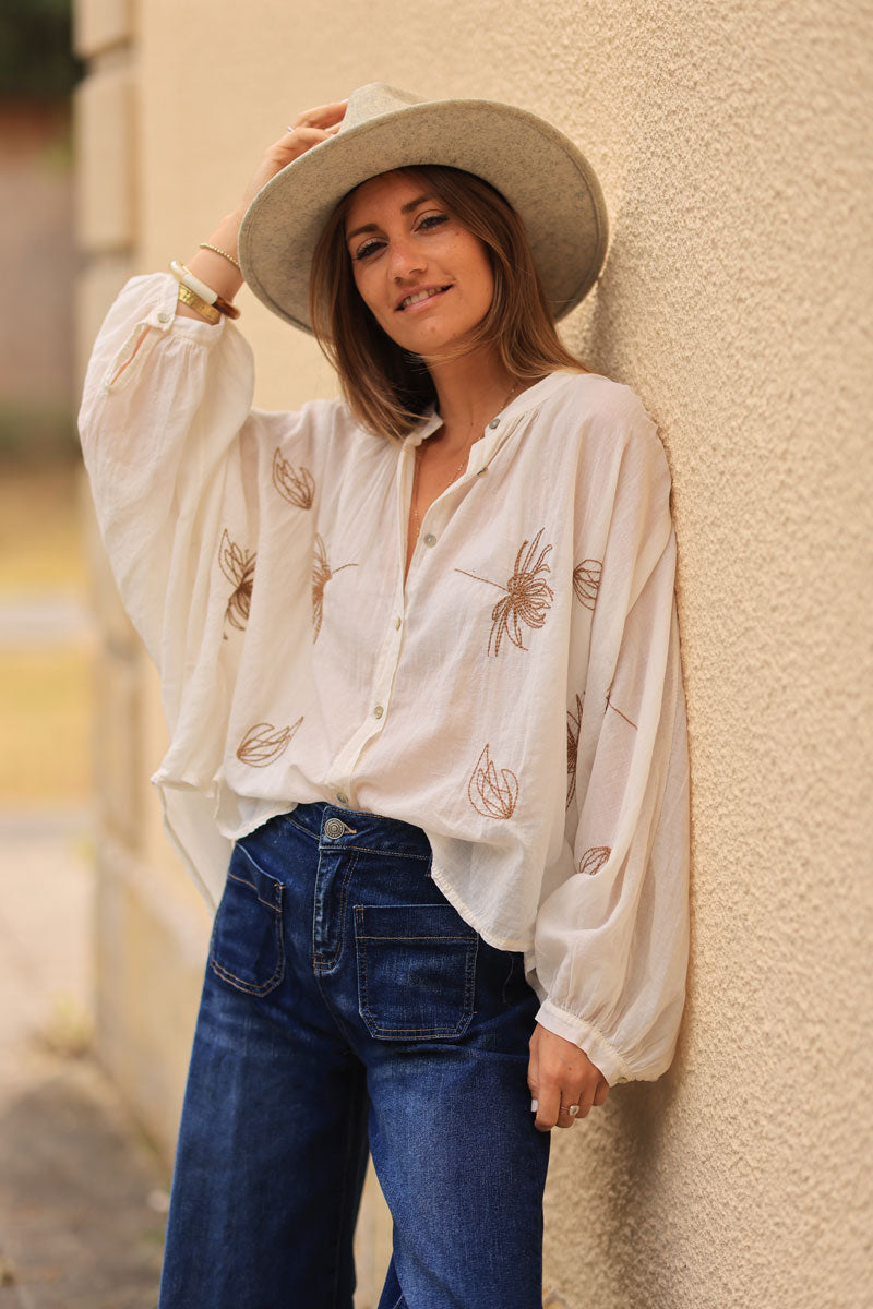 Ecru oversized lightweight cotton blouse with palm tree embroidery