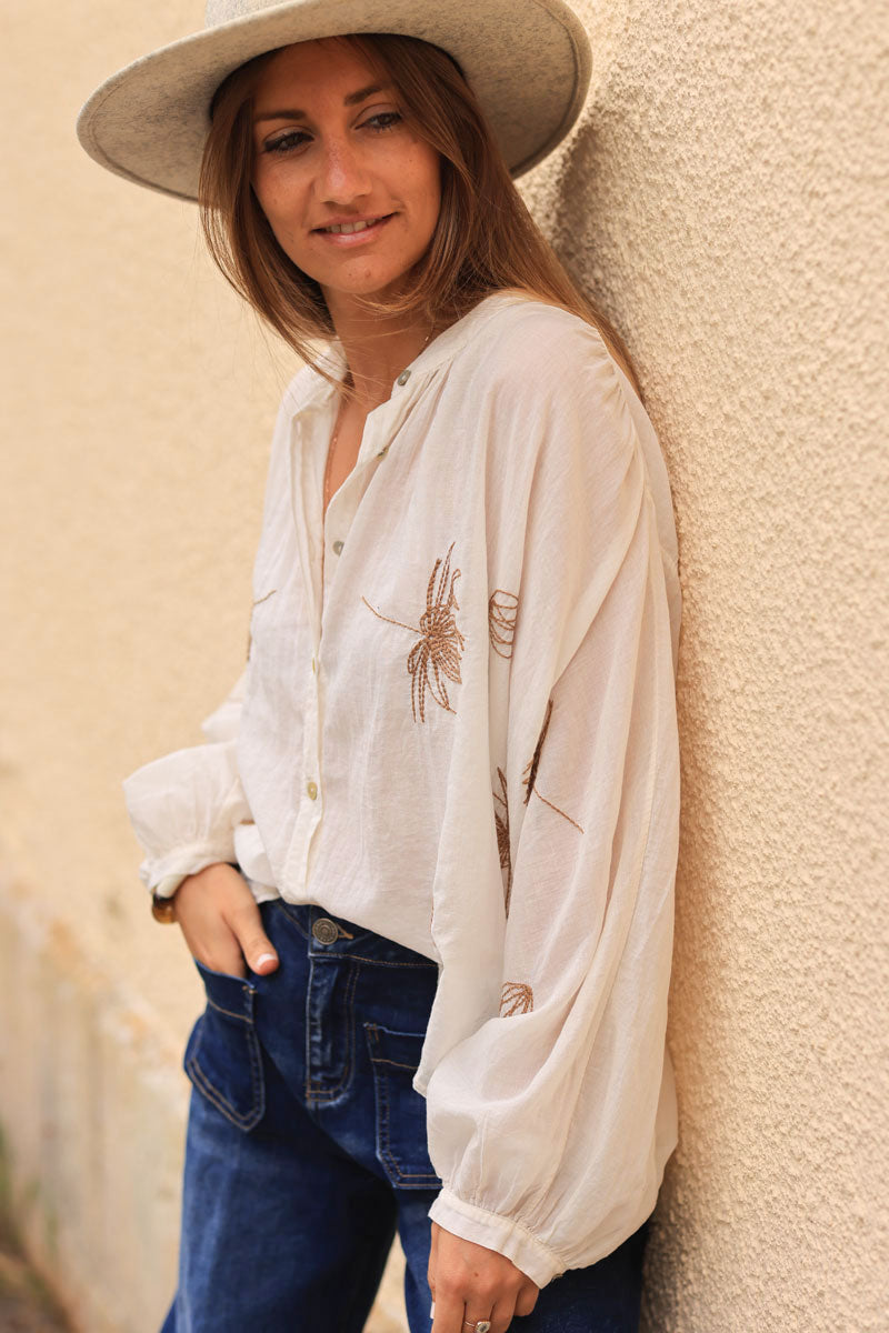 Ecru oversized lightweight cotton blouse with palm tree embroidery