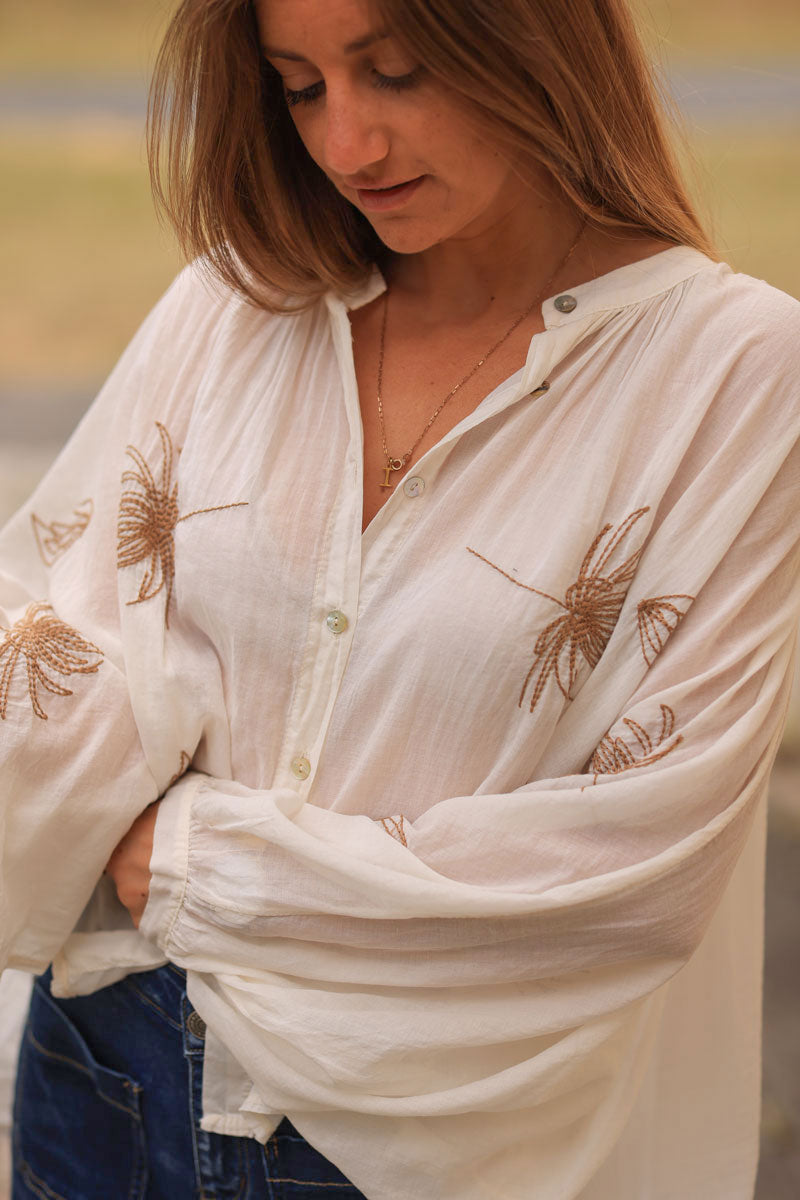 Ecru oversized lightweight cotton blouse with palm tree embroidery