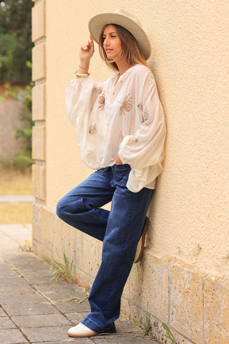 Ecru oversized lightweight cotton blouse with palm tree embroidery