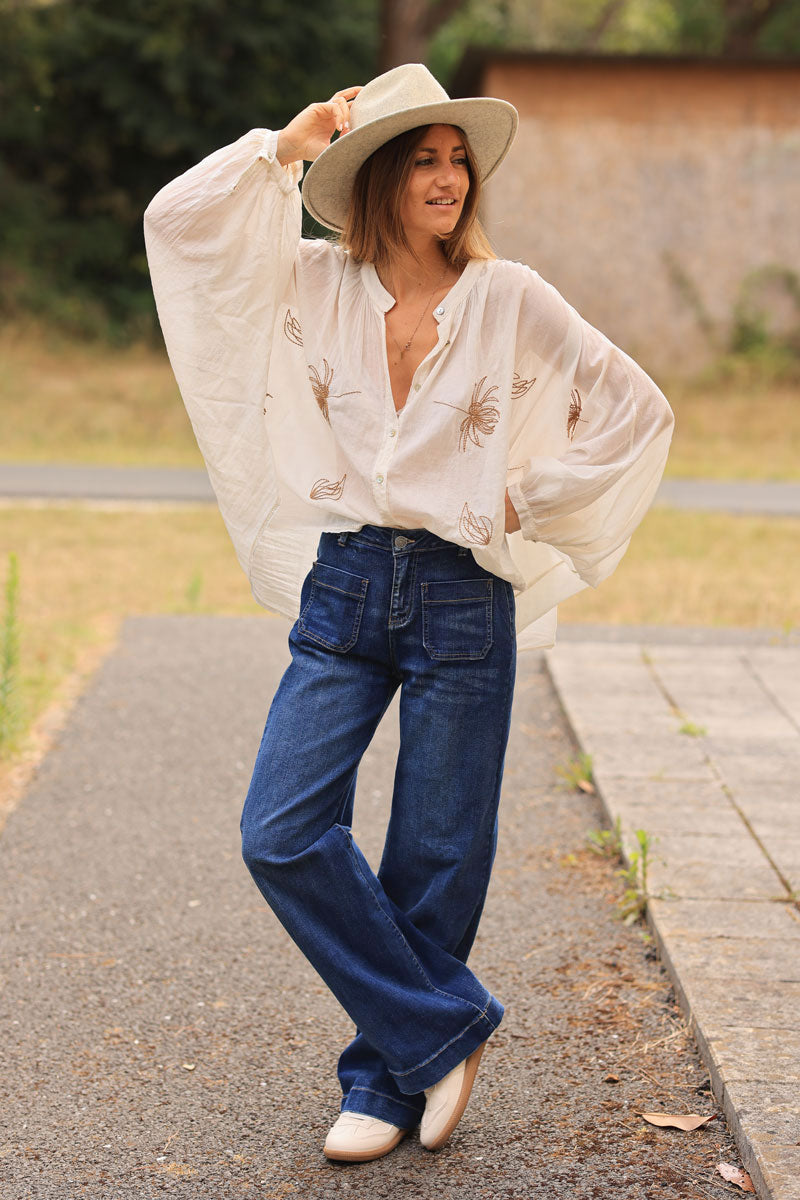 Ecru oversized lightweight cotton blouse with palm tree embroidery