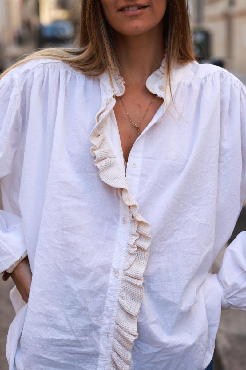 Ecru cotton tunic blouse with frills