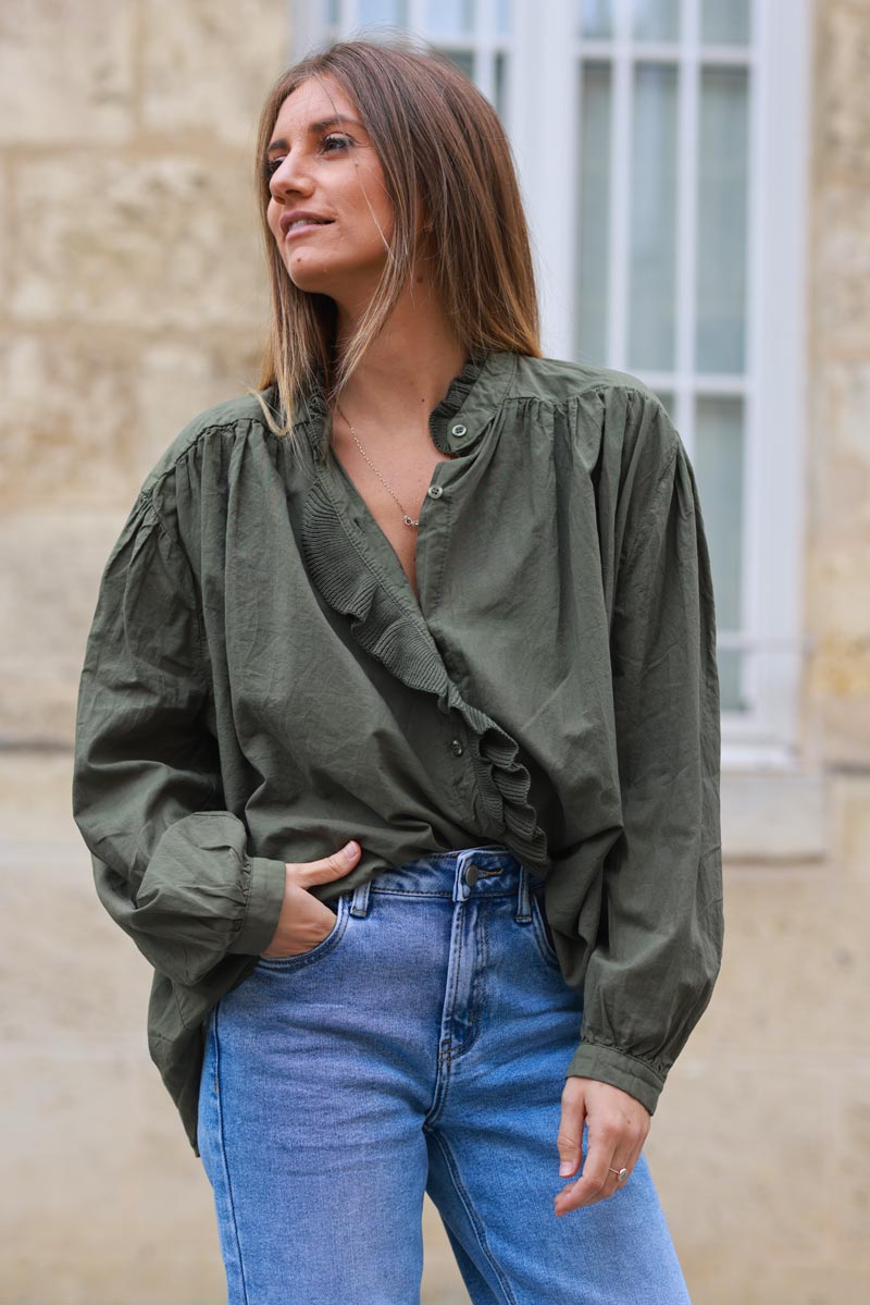 Khaki Cotton Tunic Blouse with Frills