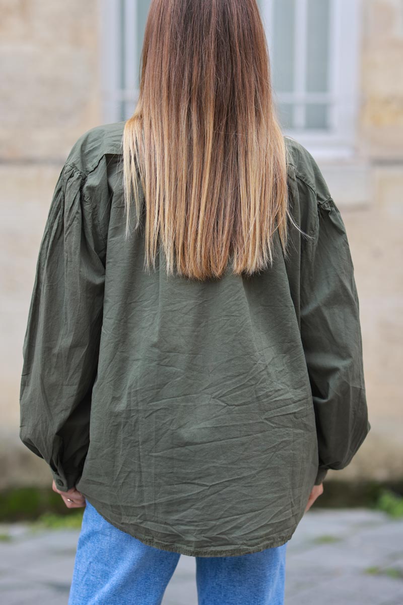 Khaki Cotton Tunic Blouse with Frills