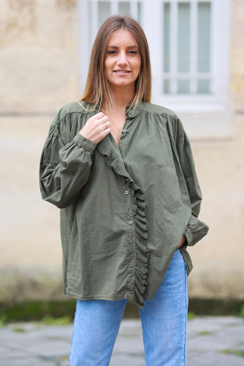 Khaki Cotton Tunic Blouse with Frills