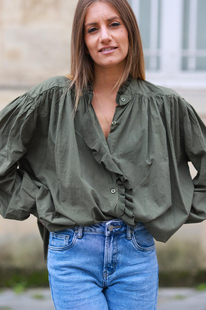 Khaki Cotton Tunic Blouse with Frills