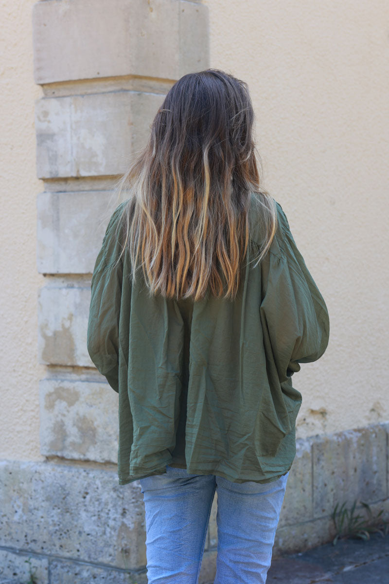 Khaki oversized lightweight cotton blouse with palm tree embroidery