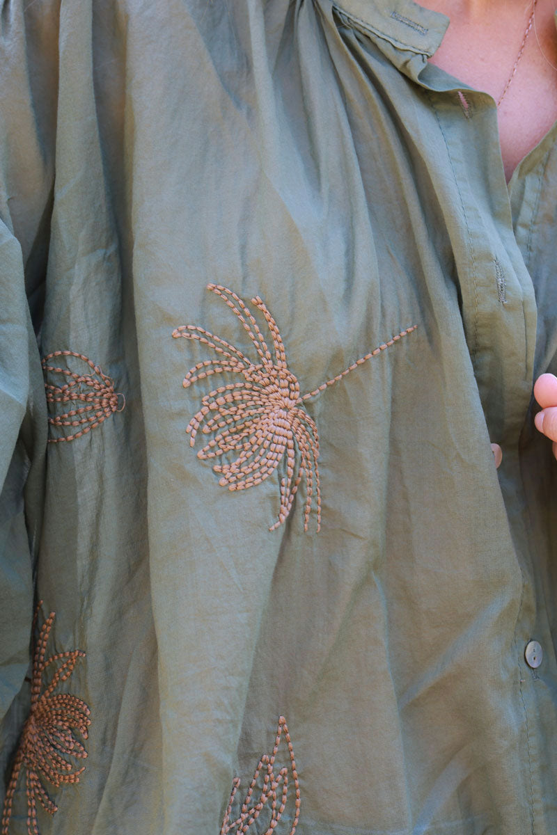 Khaki oversized lightweight cotton blouse with palm tree embroidery