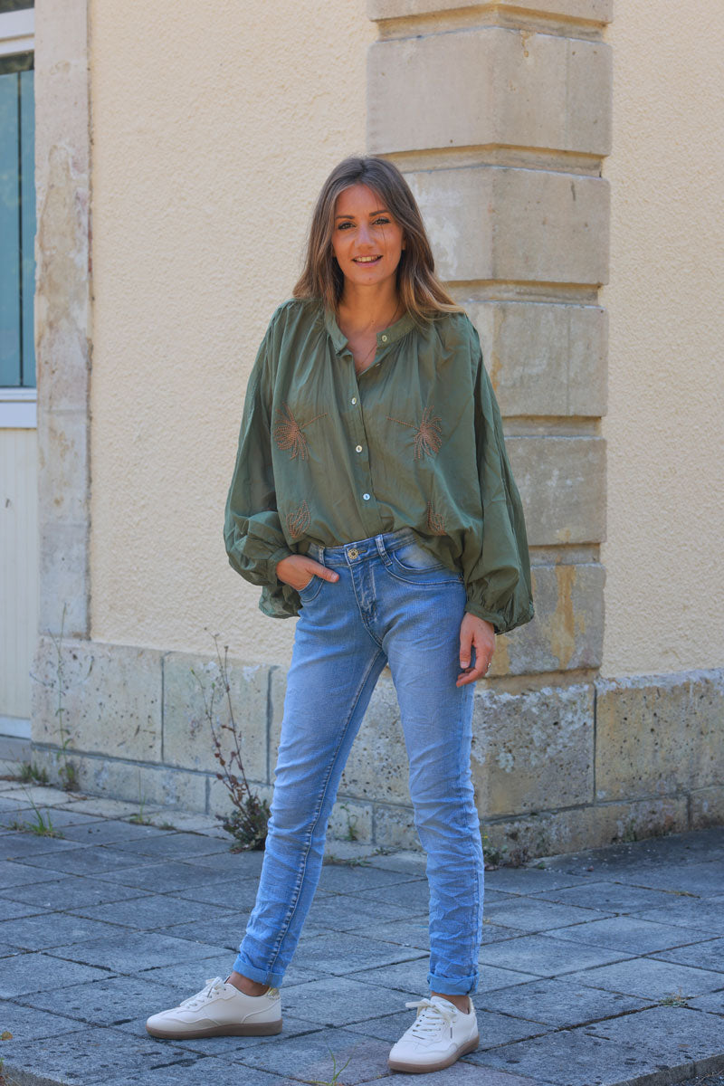 Khaki oversized lightweight cotton blouse with palm tree embroidery