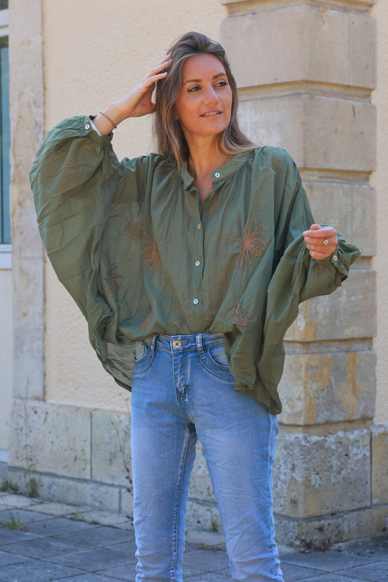 Khaki oversized lightweight cotton blouse with palm tree embroidery