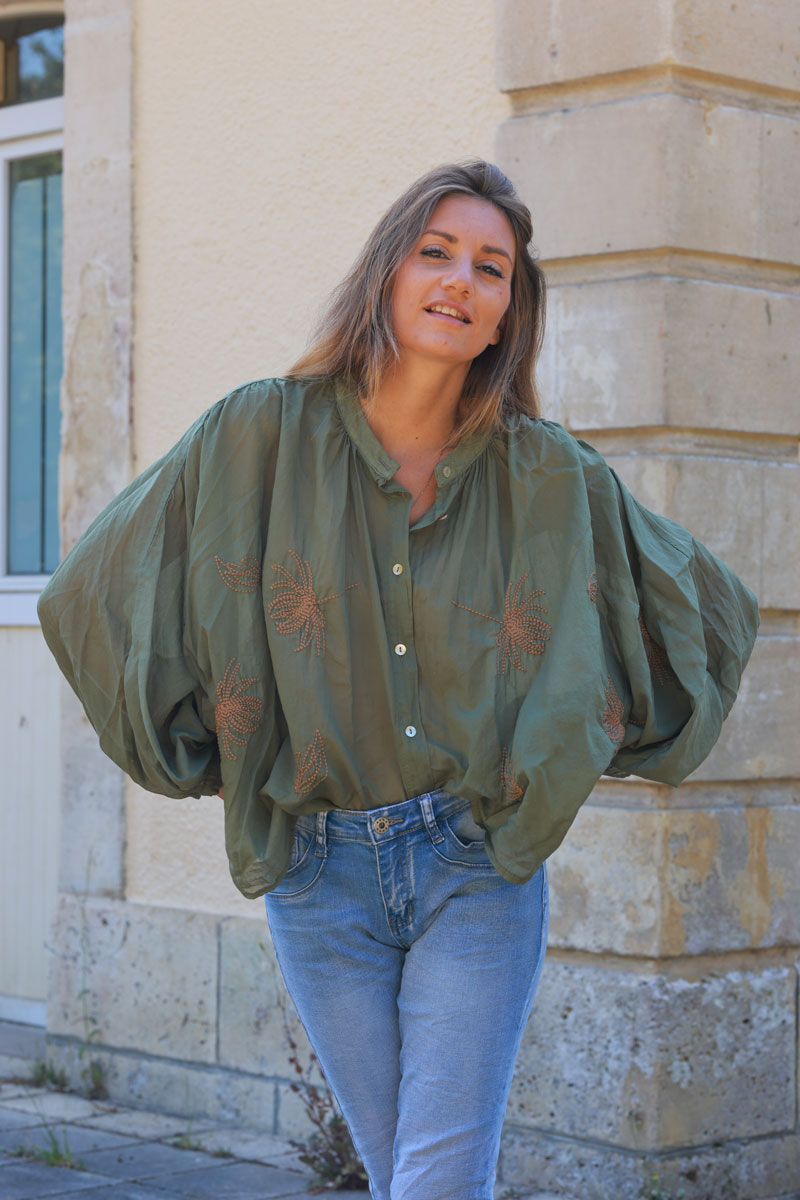 Khaki oversized lightweight cotton blouse with palm tree embroidery