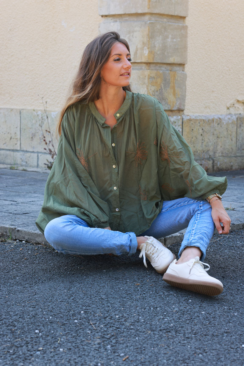 Khaki oversized lightweight cotton blouse with palm tree embroidery