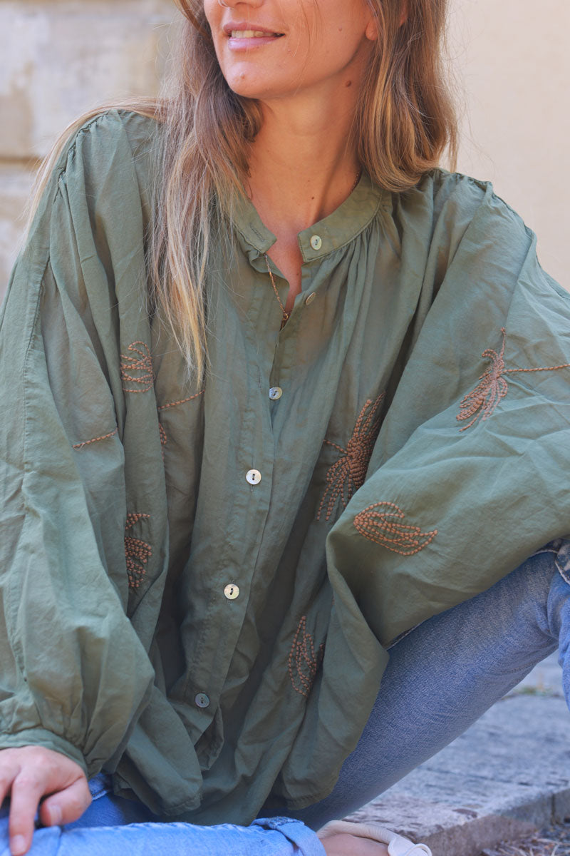 Khaki oversized lightweight cotton blouse with palm tree embroidery